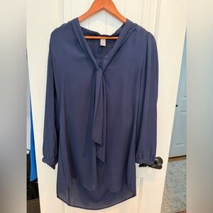 H&M Navy Tie-Neck Long-Sleeve Blouse
